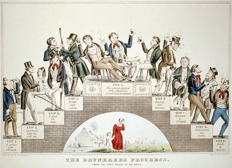 19th century political cartoon outlining the 9 steps of drunkenness and its effects on mothers and children
