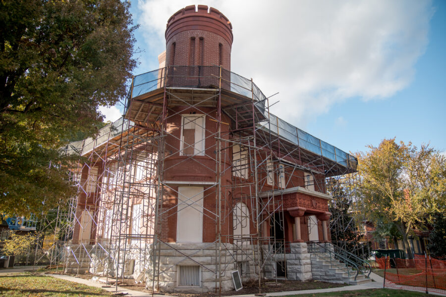 Scaffolding erected in preparation for re-pointing the brick façade and slate roof on the Schifferdecker home
