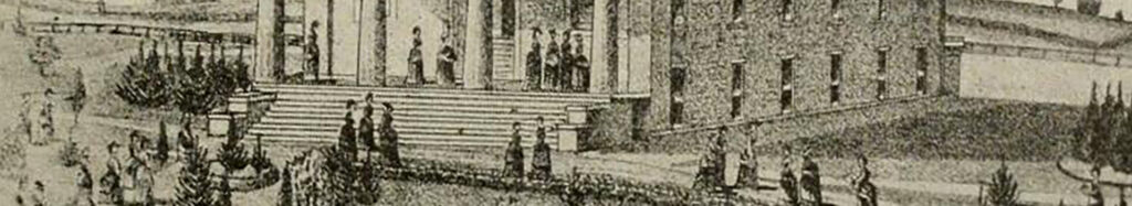 detail of print depicting women of late 1800s at a college in front of a college building